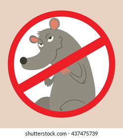 Vector image of a round red crossed-out sign with cartoon image of a funny gray rat with a long pink tail sitting and plotting something tricky in the center on a beige background. Pest control.