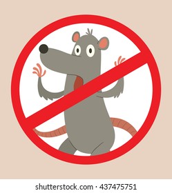 Vector image of a round red crossed-out sign with cartoon image of a funny gray rat with a long pink tail standing terrified in the center on a beige background. Pest control.