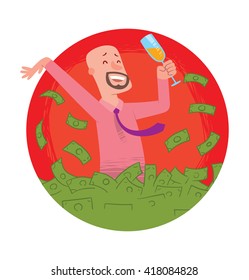 Vector image of a round red frame with cartoon image of a happy bald man with a beard bathing in the sea of green banknotes on a white background. Bathing in money. Vector business illustration.