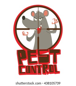 Vector image of a round red-black frame like under the gun with cartoon image of a funny gray rat with long pink tail frightening someone in the center on white background. Inscription "Pest control".