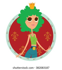 Vector image of a round red-blue frame with patterns and with cartoon image of modern princess with curly green hair in blue trousers, green tank top and gold crown on a white background. Flat style.