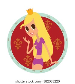 Vector image of a round red-blue frame with patterns and with cartoon image of modern princess with big eyes, long blond hair in purple shorts, t-shirt and gold crown on a white background. Flat style