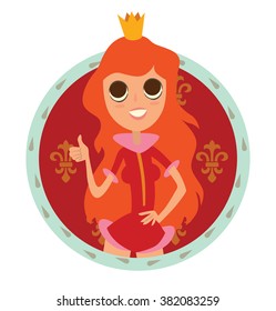 Vector image of a round red-blue frame with patterns and with cartoon image of modern princess with big eyes, long red hair in a red dress and gold crown on her head on a white background. Flat style.