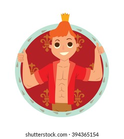 Vector image of a round red-blue frame. Cartoon image of a modern prince. Man with ginger hair. Man in a red shirt unbuttoned and gold crown. Vector frame with cartoon prince on a white background.