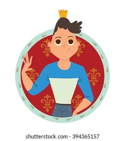 Vector image of a round red-blue frame. Cartoon image of a modern prince. Man with black wavy hair. Man in blue-white sweater and gold crown. Vector frame with cartoon prince on white background.