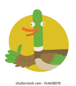 Vector image of a round yellow frame with cartoon image of funny "good luck" duck showing the thumb and smiling in the center on a white background. Wordplay. Vector illustration.