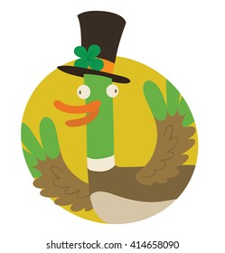 Vector image of a round yellow frame with cartoon image of funny "good luck" duck in a black cylinder with a green four-leaf clover in the center on a white background. Wordplay. Vector illustration.