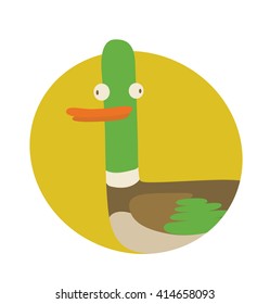 Vector image of a round yellow frame with cartoon image of funny "good luck" duck standing and smiling in the center on a white background. Wordplay. Vector illustration.