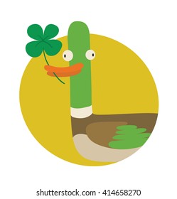 Vector image of a round yellow frame with cartoon image of funny "good luck" duck with green four-leaf clover in the beak in the center on a white background. Wordplay. Vector illustration.