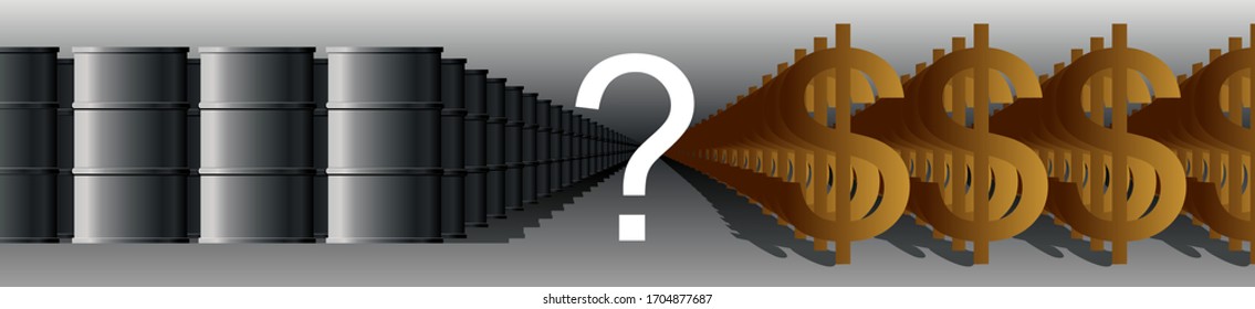 Vector image of rows of barrels and dollars extending into the distance, question mark. Oil prices, cost per barrel in dollars. Oil crisis. Banner for the website, logo header.