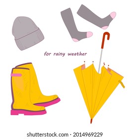 Vector image of rubber boots umbrella socks hat for rainy weather