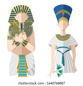 Vector image of the rulers of ancient Egypt. Pharaoh Tutankhamun and Queen Nefertiti. Flat isolated illustration on a white background