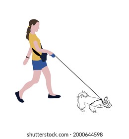 Vector image of a running girl with a dog. Silhouettes of a child walking a Yorkshire terrier. Urban environment