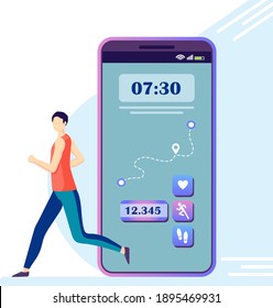 Vector image with a running man. A smartphone app tracks his fitness workout.