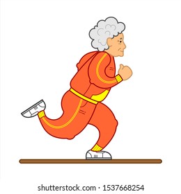 Vector Image Of A Running Old Woman. The Old Woman In A Tracksuit, Sneakers. Elderly Woman, Senile People Concept, Logo. Isolated on white background