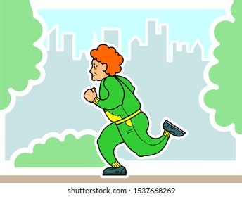 Vector Image Of A Running Old Woman In The Park. An Old Woman With Red Curly Hair, In A Tracksuit, In Sneakers. Elderly Woman, Senile People Concept.