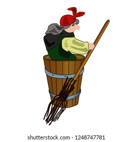 Vector image of a Russian fairy tale character Baba Yaga who is flying in her mortar holding a broom in her arms