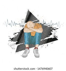 vector image. sad boy. head on my knees.
jeans and T-short. bald head. chagrin.