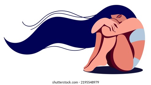 vector image sad lonely crying girl, wrapped her arms around herself, defending herself from the mental load. a victim of domestic violence or abuse, physical harassment. depression, mental disorders