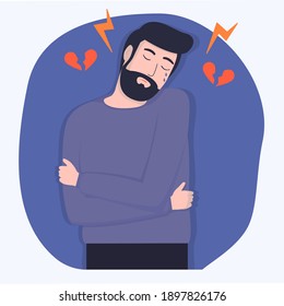 Vektorbild eines traurigen jungen Mannes, der sich umarmt. Depressive Stimmung. Belästigung einer Person durch die Gesellschaft. Der bedauernswerte Kerl ist deprimiert.