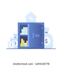 Vector image of a safe with banknotes and coins inside. 