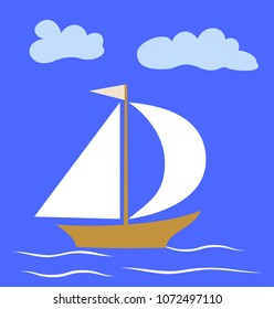 Vector image of  sailboat against the blue sea and clouds