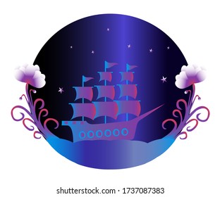 Vector image a Sailboat starry sky night sea luminous sails Lotus flowers