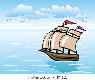 The vector image of the sailing vessel floating on the sea