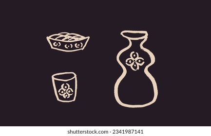Vector image of a sake bottle and glass in a traditional calligraphic style.Ink, brush, drawing, sketch, graphic, doodle, minimalism, East. Japanese restaurant, cafe, alcohol, bar. Brown, beige. Eps10