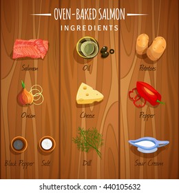 Vector image. Salmon baked. Ingredients