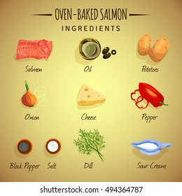 Vector image. Salmon baked. Ingredients