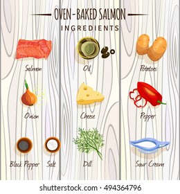 Vector image. Salmon baked. Ingredients