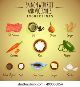 Vector image. Salmon with rice and vegetables. Ingredients