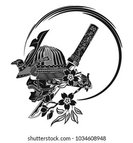 The Vector Image Of A Samurai Helmet With The Head Of A Raven, A Branch Of An Oriental Cherry And Dagger. Vector Illustration.