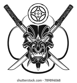The vector image of a samurai mask against the background of two swords and the Japanese symbol.  Japanese demon tattoo. Vector illustration.
