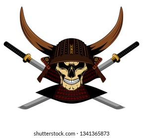 A vector image of a samurai skull in a helmet with horns and swords. Image on white background.