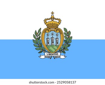 Imagem vetorial da bandeira oficial de São Marino. Apresentando o emblema com três torres em azul e branco vívidos, simbolizando a independência e a herança. Ideal para conteúdo cultural, histórico e político