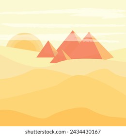 Vector image of Sand dunes of the desert and the sun at sunset.