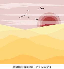 Vector image of Sand dunes of the desert and the sun at sunset.