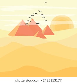 Vector image of Sand dunes of the desert and the sun at sunset.