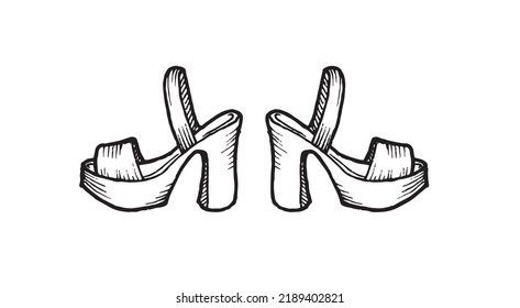 vector image of a sandal with a heel, black and white graphics in the style of a sketch on the theme of summer holidays, for embossing and coloring, sticker, logo, tag
