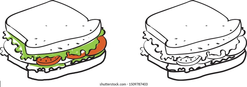 Vector image of a sandwich in cartoon like style. One with color and one only in line art