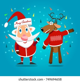 Vector image of Santa Claus with a Christmas deer in a sweater. Flat design.