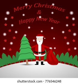 Vector image of Santa Claus with Christmas tree and a bag of gifts in hands on snow