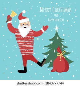 Vektorbild des Santa Claus, der in der Nähe des Weihnachtsbaumes tanzt. Frohe Weihnachten und glückliche Neujahrsgrüße.