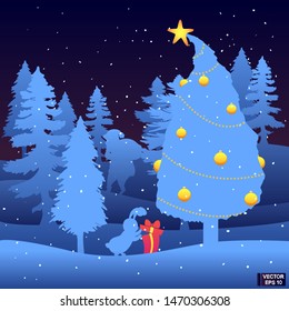 Vector image. Santa Claus gives presents to animals in the forest. Blue landscape with silhouettes of Santa Claus and bunny opening a gift.