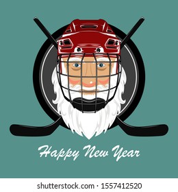 Vector image of Santa Claus in a hockey helmet. Hockey helmet, hockey puck, hockey sticks. Design elements for print, postcard, flyer, banner.