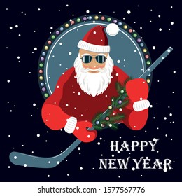 Vector image of Santa Claus with a hockey stick decorated with fir branches and light bulbs. Image on a blue background.