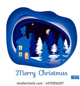 Vector image. Santa Claus on the roof of the house with a bag of gifts. Blue night landscape with silhouettes in paper cut style. Merry Christmas