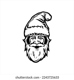 Vector image of a Santa Claus on white background. A santa claus face with a beard and , black and white drawing, isolated